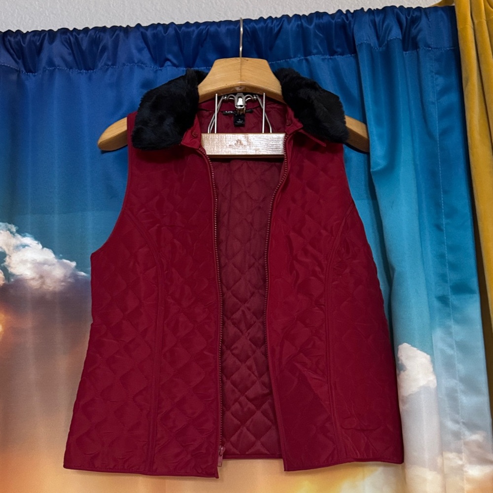 I.N. Studio Red Quilted Vest with Black Faux Fur Collar